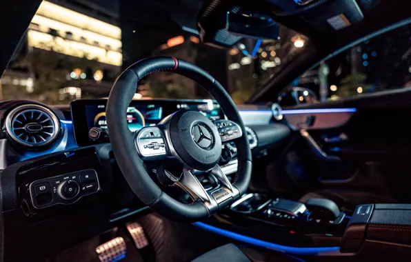 Картинка Mercedes-Benz, Mercedes, AMG, steering wheel, CLA-Klasse, CLA-Class, Mercedes-AMG, Mercedes-AMG CLA 45 4MATIC+ "Dark Night Edition"