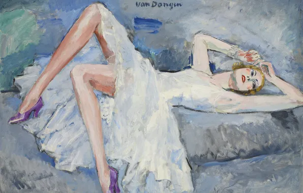 Масло, платье, блондинка, холст, 1921, Kees van Dongen, Сиреневые туфли, девушка на кровате