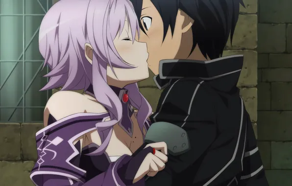 Девушка, поцелуй, аниме, арт, Мастера меча онлайн, Sword Art Online, Кирито