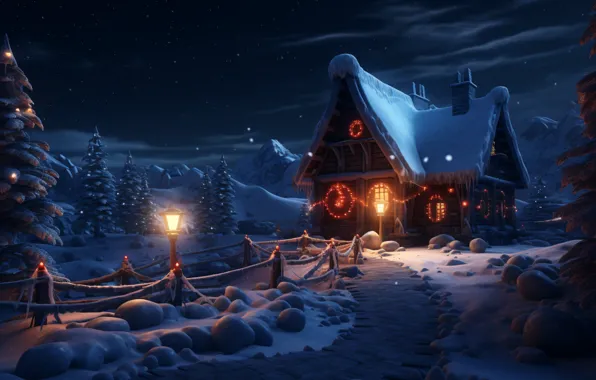 Картинка зима, снег, ночь, lights, Новый Год, Рождество, домик, house