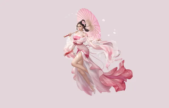 Картинка Girl, Fantasy, Beautiful, Art, Asian, Style, Umbrella, Illustration