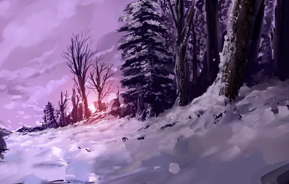 Зима, лес, снег, закат, арт