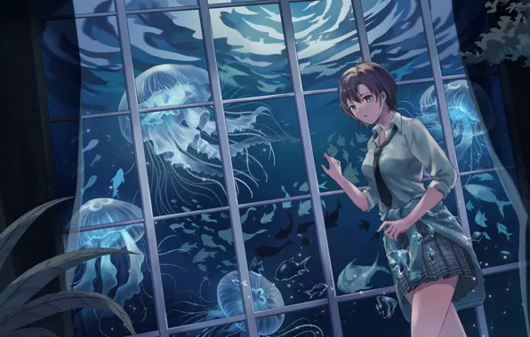 Девушка, рыбы, медуза, окно, под водой, Asakura Tooru, The iDOLM@STER: Shiny Colors