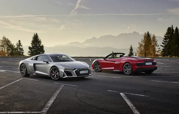 Закат, горы, Audi, вечер, пара, парковка, Audi R8, Coupe
