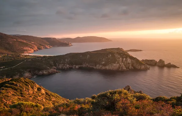 Картинка море, скалы, рассвет, побережье, Франция, горизонт, Corsica