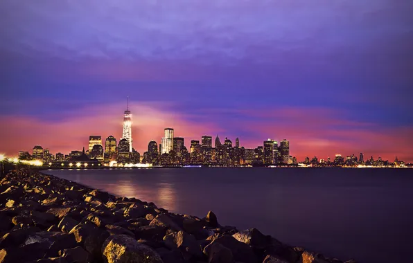 Облака, ночь, огни, Нью-Йорк, панорама, зеркала, One World Trade Center, Соединенные Штаты
