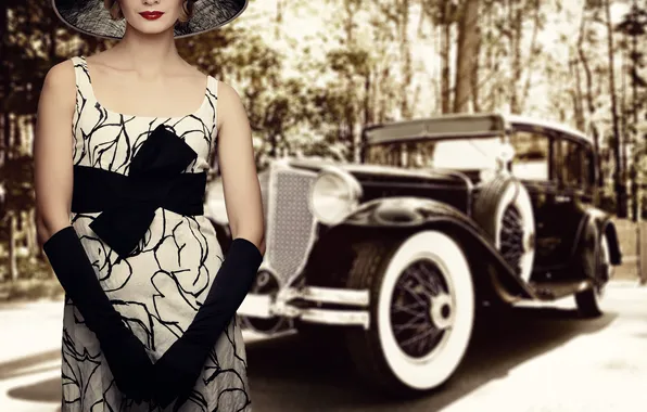 Девушка, платье, перчатки, шляпка, автомобиль, vintage, винтаж
