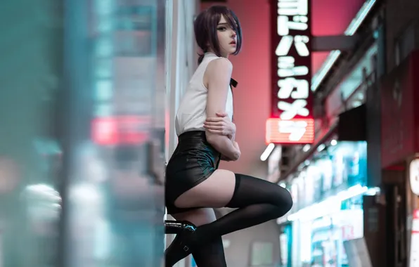 Dark, Beautiful, Asian, Model, Smile, Night, Street, Woman