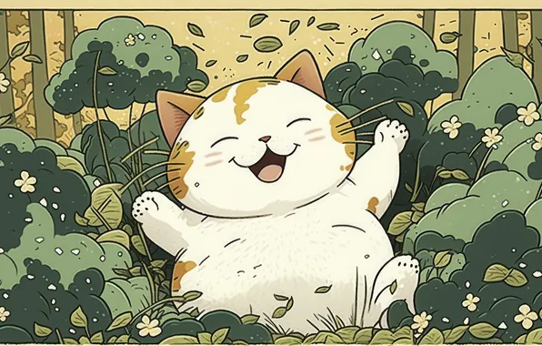 Кошка, кот, листья, радость, природа, поза, улыбка, рисунок