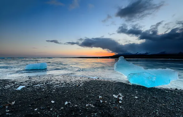 Картинка пляж, закат, льдины, Исландия, Jokulsarlon