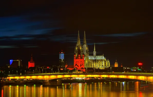 Картинка ночь, огни, Германия, панорама, Кельн