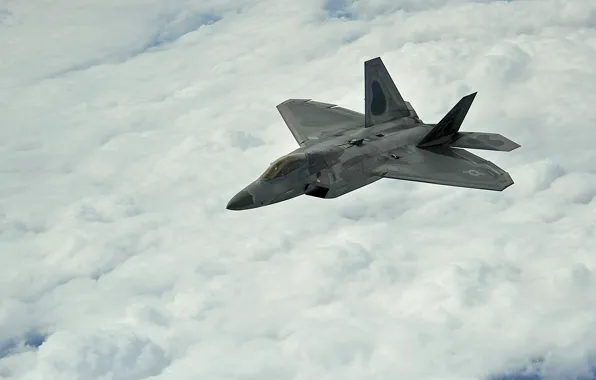Облака, полёт, самолёт, F-22, Raptor, Stealth, ВВС США, Lockheed/Boeing