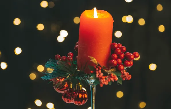 Шарики, фон, композиция, ягоды, свеча, Новый год, Рождество, блики