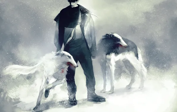 Картинка зима, собаки, снег, аниме, арт, парень, Россия, Иван Брагинский