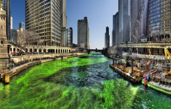 Небо, люди, здания, Чикаго, зеленая вода