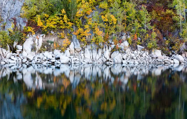 Осень, лес, вода, озеро, отражение, камни, скалы, берег
