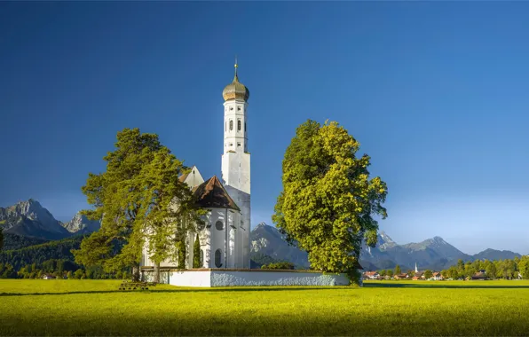 Деревья, горы, Германия, Бавария, Альпы, церковь, Germany, Bavaria
