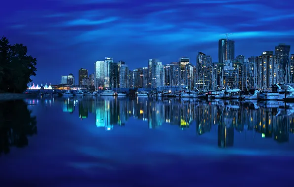 Отражение, здания, яхты, порт, Канада, залив, Ванкувер, Canada