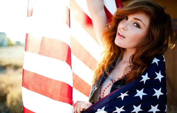 Девушка, флаг, веснушки, рыжая, США. Америка