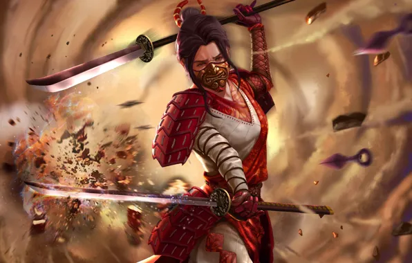 Картинка девушка, лицо, маска, самурай, мечи, Bayushi Miyako