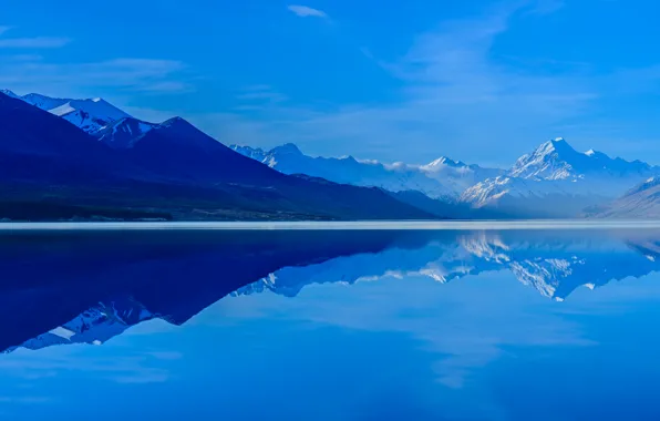 Небо, горы, отражение, Новая Зеландия, остров Южный, Lake Pukaki, озеро Пукаки