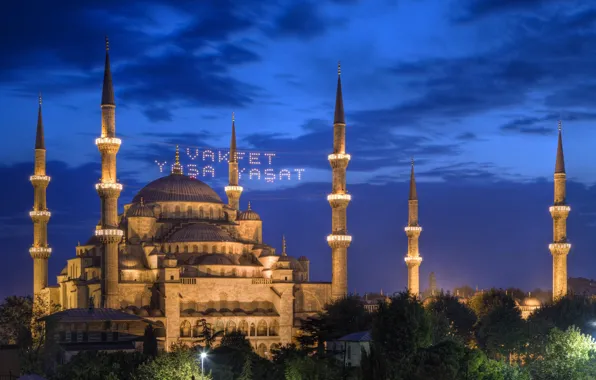 Картинка деревья, ночь, огни, Стамбул, Мечеть Султана Ахмета, Турция