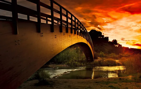 Закат, мост, река