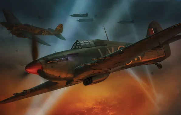 Картинка Ночь, Истребитель, Бомбардировщик, Hawker Hurricane, RAF, He 111, Hurricane Mk.IIC, Лучи прожекторов