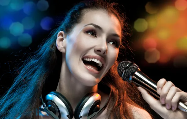 Девушка, лицо, музыка, наушники, микрофон, headphones, боке, поет