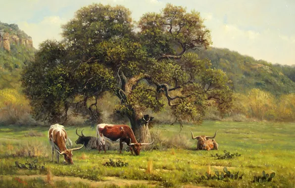Картинка пейзаж, картина, коровы, Kyle Polzin