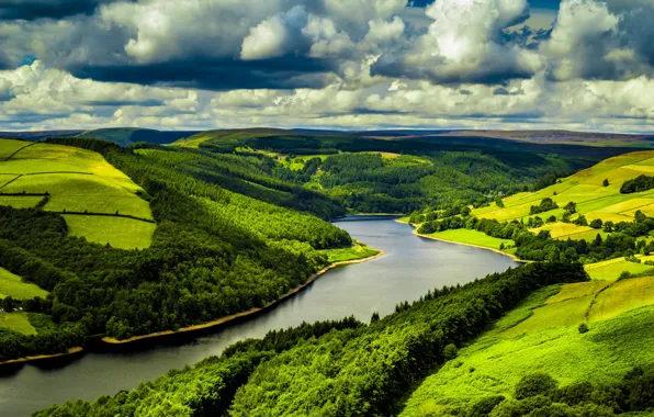 Картинка лес, облака, пейзаж, природа, река, фото, поля, Великобритания