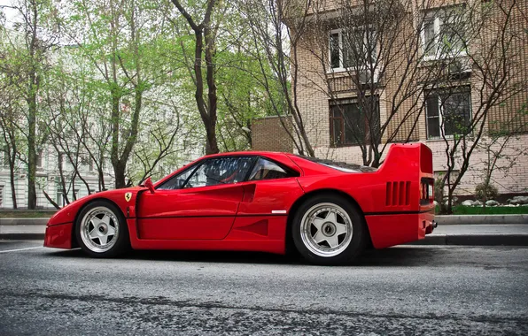 Картинка деревья, улица, колеса, Ferrari, F40, квартиры