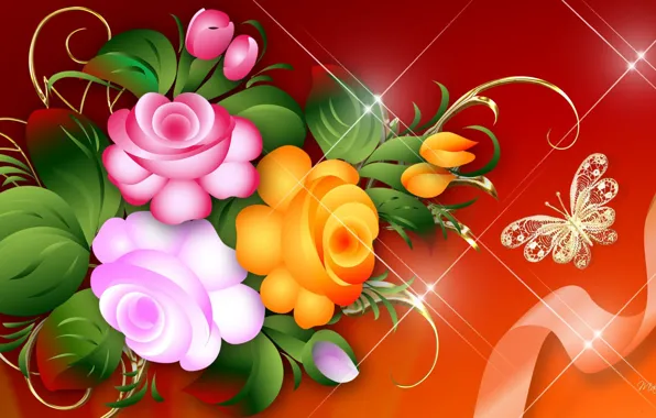 Картинка цветы, бабочка, розы, лента