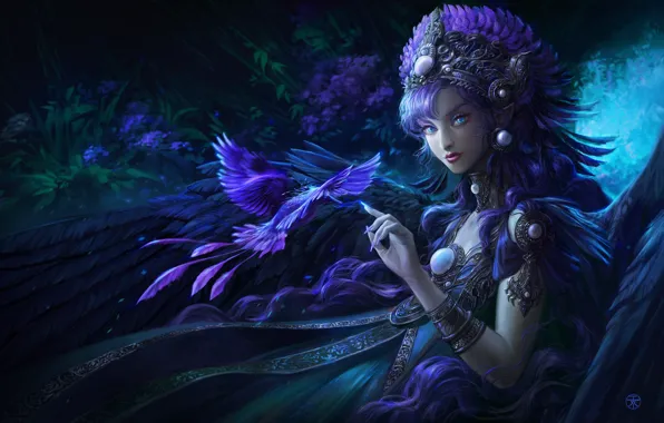 Девушка, Ночь, Птица, Лес, Стиль, Girl, Арт, Art