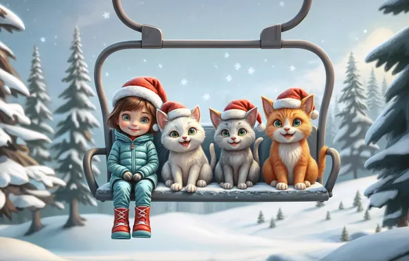 Зима, лес, снег, кошки, скамейка, качели, коты, Рождество