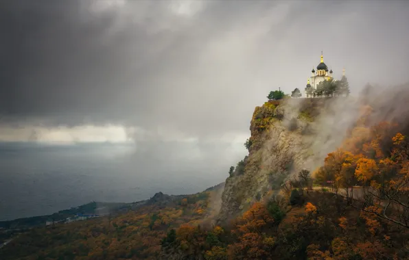 Дорога, море, осень, пейзаж, природа, туман, храм, Крым