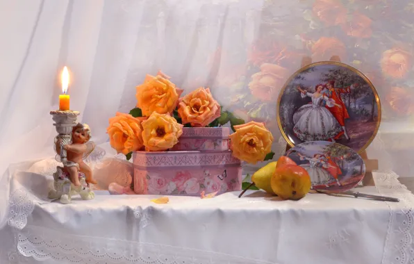 Картинка цветы, стол, розы, свеча, ангел, нож, тарелки, фрукты