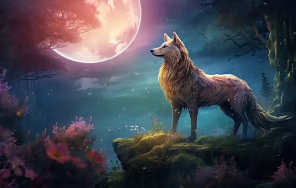 Деревья, цветы, ночь, природа, скала, луна, волк, живопись