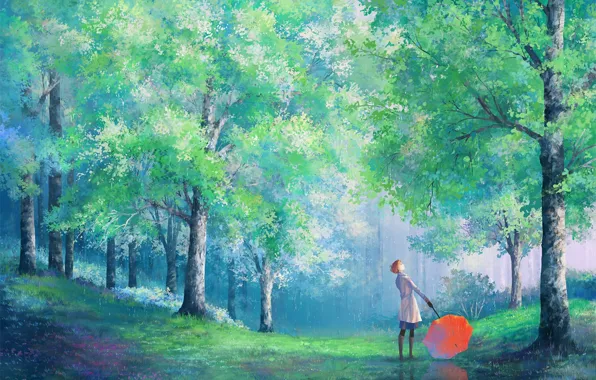 Картинка девушка, деревья, парк, дождь, зонт, арт, пальто