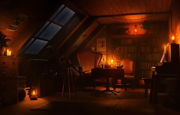 Lights, lamps, office, attic