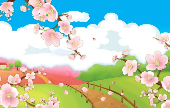 Дорога, облака, весна, сакура, детское, мульты