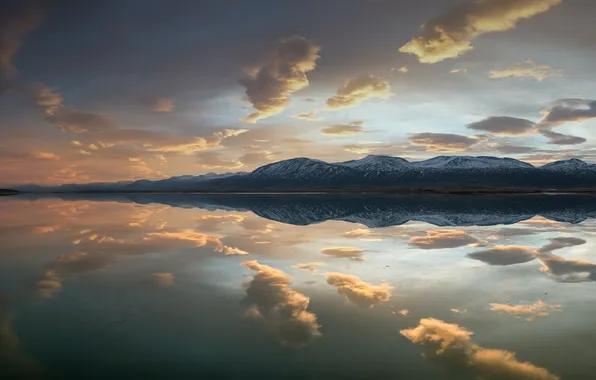 Sunset, mountain, lake, snow