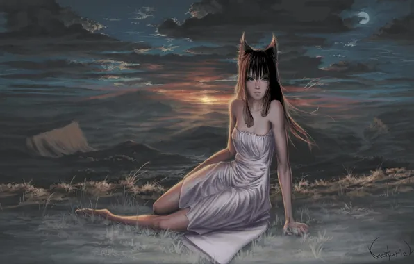 Картинка девушка, тучи, холмы, луна, платье, арт, уши, волчица