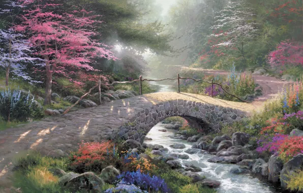Картинка парк, мост, свет, природа, painting, солнечный свет, живопись, Bridge Of Faith, Kinkade, ручей, лес, Thomas …