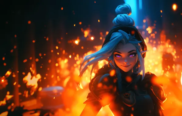 Fire, long hair, purple eyes, women, smiling, elves, blue hair, looking at viewer