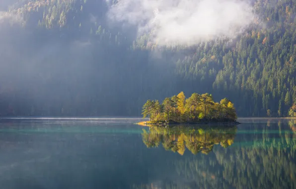 Картинка осень, лес, озеро, отражение, остров, гора, склон