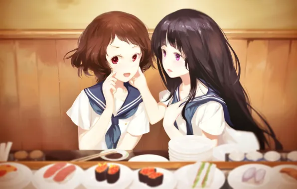 Стол, школьницы, подруги, суши, японская кухня, Hyouka, Chitanda Eru, матроска