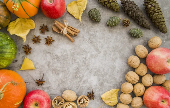 Осень, листья, яблоки, тыква, фрукты, орехи, wood, autumn