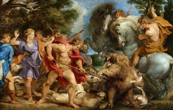 Картинка картина, Питер Пауль Рубенс, мифология, Аталанта и Мелеагр Охотятся на Кабана, Pieter Paul Rubens, Охота …