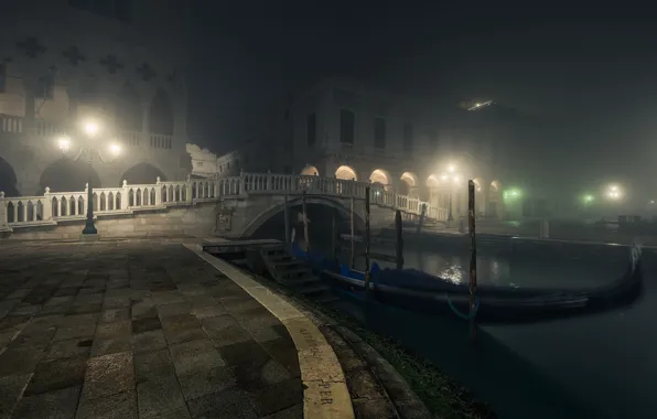 Картинка Bridge, Night, Venezia, Lamps, Gondolas
